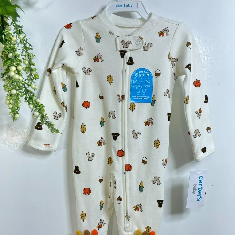 New Carter’s Baby Newborn Footed Sleep Play Turkey Thanksgiving 2 way Zip - Picture 1 of 6